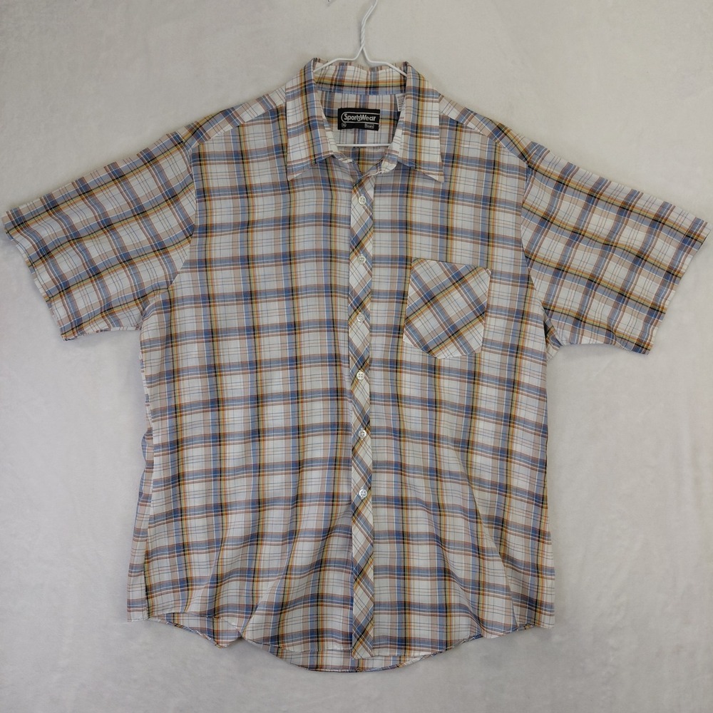 Vintage Sears SportsWear Mens XL Plaid Short Sleeve Button Down Shirt Blue Tan